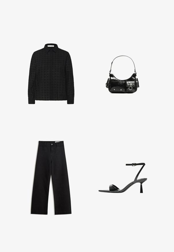 Black button-up shirt made from textured fabric with a grid pattern, featuring a collar and long sleeves, with matching buttons along the front.; Black wide-leg denim pants with a high waist, featuring front and back pockets, stitched seams, and a button closure. Smooth texture.; Bershka High heeled sandals - black; Black patent leather handbag with a curved shape, one shoulder strap, front pockets, and silver-tone hardware accents.