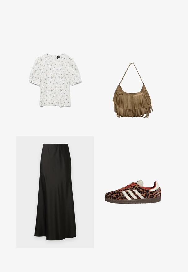 Fehér felső rövid puffos ujjakkal, kék és zöld virágmintával. Kerek nyakkivágás és könnyű, texturált anyag.; Fekete selyem maxi szoknya sima textúrával, magas derékkal és bővülő aljjal. Egyszerű dizájnnal rendelkezik, látható minták vagy fém részek nélkül.; Leopárd mintás sportcipők velúr anyagból, piros fűzőkkel, és három fehér csíkkal az oldalukon. Krémszínű nyelvvel és barna talppal rendelkezik.; Barna velúr kézitáska hosszú rojtos részletekkel, ívelt formával és egyetlen vállpánttal. Simító, texturált felülettel rendelkezik.