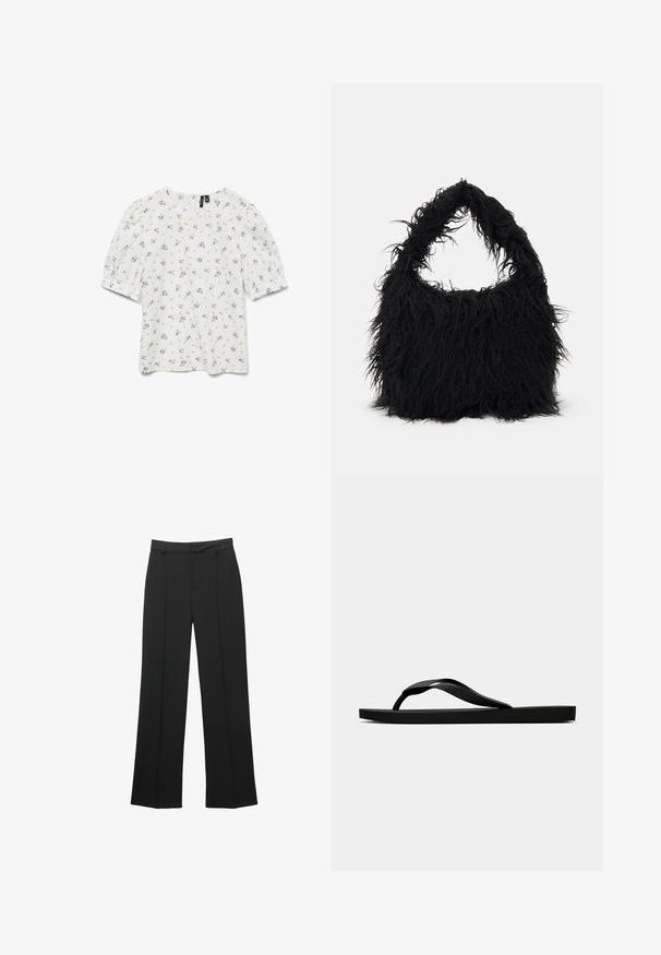 Hvid top med korte pufærmer, prydet med et blomster mønster i blå og grøn. Rund halsudskæring og letvægts, struktureret stof.; Sorte bukser med lige ben lavet af et glat stof, der har en flad front, bæltestropper og ingen synlige lommer, med en skræddersyet pasform.; Sorte gummiflip-flopsandaler med en tekstureret rem og simpel flad sål, vist fra siden på en lys ensfarvet baggrund.; Even&Odd Shopping bags - black