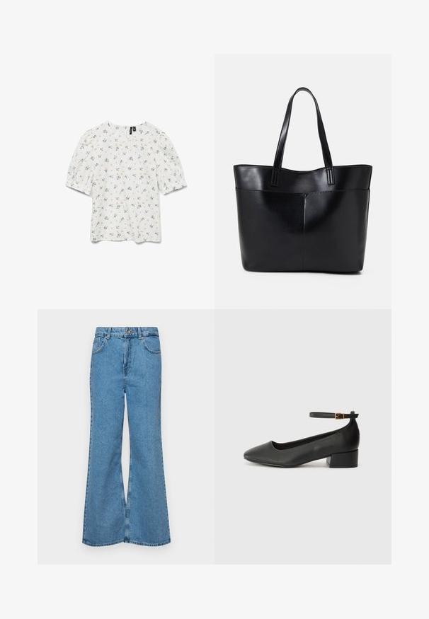 Bela majica s kratkimi naborkastimi rokavi, s cvetličnim vzorcem v modrih in zelenih odtenkih. Okroglo izrezano okolje in lahka, teksturirana tkanina.; Svetlo modri razširjeni džins hlače iz denima, z visokim pasom, petimi žepi in enim gumbom za zapiranje. Mehka tekstura z blagim zbledelim videzom.; Črne usnjene pumpice z nazobčanimi prsti in nizko blokasto peto. Imajo trak okoli gležnja z zaponko v zlatem tonu. Gladka tekstura.; Črna usnjena torba z dvema dolgima ročajema, gladko teksturo in strukturirano obliko. Ima sprednji žep za dodatno shranjevanje.