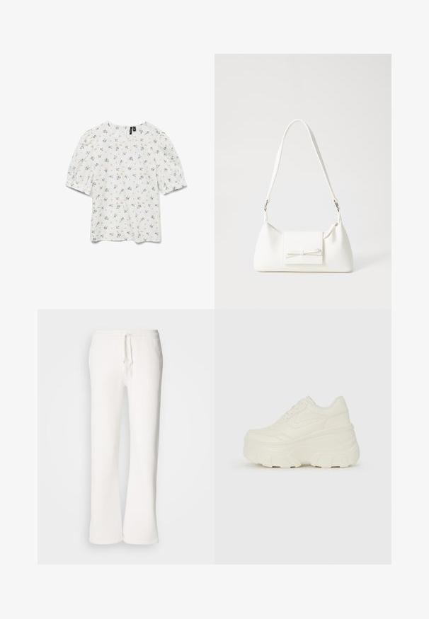 Bijela majica s kratkim puff rukavima, s cvjetnim uzorkom u plavoj i zelenoj boji. Okrugli izrez i lagana, teksturirana tkanina.; Bijele, opuštene hlače od flisa izrađene od mekog materijala, s elastičnim pojasom i vezicom te ravnim nogavicama.; Bijele platformske tenisice s glatkim gornjim dijelom koji nalikuje koži, zaobljenim oblikom, podstavljenim okvirom i teksturiranim gumeni potplat s definiranom profilacijom.; Bijela sintetička torbica s trokutastim oblikom, ravnim prednjim poklopcem i detaljem u obliku mašne, podesivom remenom, glatkom teksturom i minimalističkim dizajnom.
