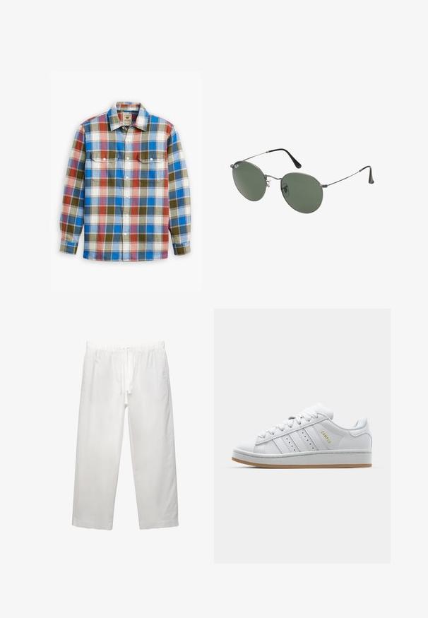 Rutig skjorta i blått, rött, vitt och olivgrönt, med två bröstfickor, knäppning fram och en klassisk krage.; Vit bomullströja med korta ärmar, rundad halsringning och en avslappnad passform. Slät textur utan synliga mönster eller detaljer.; Vita linnebyxor med elastisk midja och dragsko, bred bendesign och rena sömmar. Slät textur med avslappnad passform.; Vit sneaker med perforerad tre-randig design, texturerade detaljer, gummisula och "CAMPUS"-logotyp i guld på sidan.; Metallinramade solglasögon med ovala gröna linser. Tunn silvermetallram och svarta öronpluggar. Minimalistisk design, inga synliga logotyper.