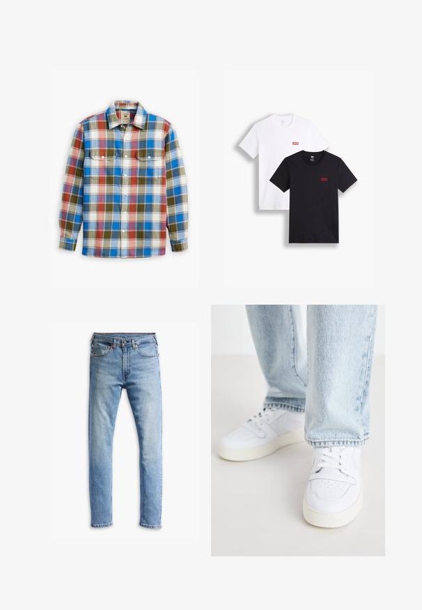 Karirana srajca v modri, rdeči, beli in oljčni zeleni barvi, z dvema žepoma na prsih, gumbasto zapiranje in klasičnim ovratnikom.; Dve majice s kratkimi rokavi: ena bela in ena črna. Obe iz bombaža s rdečim logotipom Levi's na prsih. Preprost dizajn s krožnim izrezom.; Svetlo modri kavbojki z ravnim krojem, petimi žepi, gumbom za zapiranje in subtilnim zbledelostjo po tkanini.; Bela usnjena nizka športna obutev z perforiranim prstom, ravnimi vezalkami in minimalističnim dizajnom. Ujemajo se z svetlo modrimi kavbojkami.
