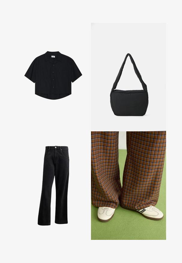 Cămașă neagră cu mâneci scurte, cu nasturi, guler și buzunar în față, având un tiv ușor curbat și o croială relaxată.; Blugi din denim negru cu un design drept, având buzunare frontale, închidere cu nasture și o textură ușoară. Include un detaliu subtil cu logo.; Pantaloni largi cu carouri maro și albastru, asociați cu pantofi albi cu accente negre și tălpi texturate, împotriva unui fundal verde.; Geantă de umăr neagră cu o textură căptușită, formă rotundă și un bretele lată, având un logo embosat pe față.