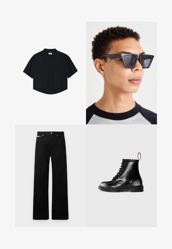 Camicia nera a maniche corte con bottoni e colletto, dotata di taschino anteriore, caratterizzata da un orlo leggermente curvo e una vestibilità rilassata.; Pantaloni in denim nero con design a gamba larga, dotati di cinque tasche e hardware in metallo per i bottoni. Texture liscia, senza motivi visibili.; Stivali neri in pelle fino alla caviglia con una finitura lucida, otto asole, lacci neri e un manico. Presentano una suola a carrarmato texturizzata.; Occhiali da sole neri angolari con lenti scure, caratterizzati da un audace design geometrico e una finitura opaca. Indossati da una persona con capelli corti.