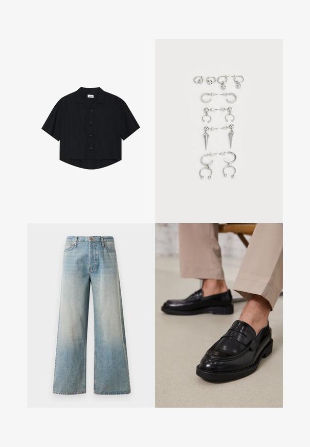 Czarna koszula z krótkim rękawem zapinana na guziki, z kołnierzykiem i przednią kieszenią, charakteryzująca się lekko zaokrąglonym dołem oraz luźnym krojem.; Jasnoniebieskie dżinsowe spodnie typu wide-leg. Posiadają wysoki stan, zapięcie na guzik oraz delikatne przetarcia, gładką teksturę i przeszycia.; Czarne skórzane mokasyny o gładkim wykończeniu, z dekoracyjnym paskiem i kontrastowym szwem, w połączeniu z beżowymi spodniami.; Zestaw srebrnych kolczyków z różnymi wzorami: kółka, sztyfty i wiszące style, z kulistymi akcentami i spiczastymi elementami.