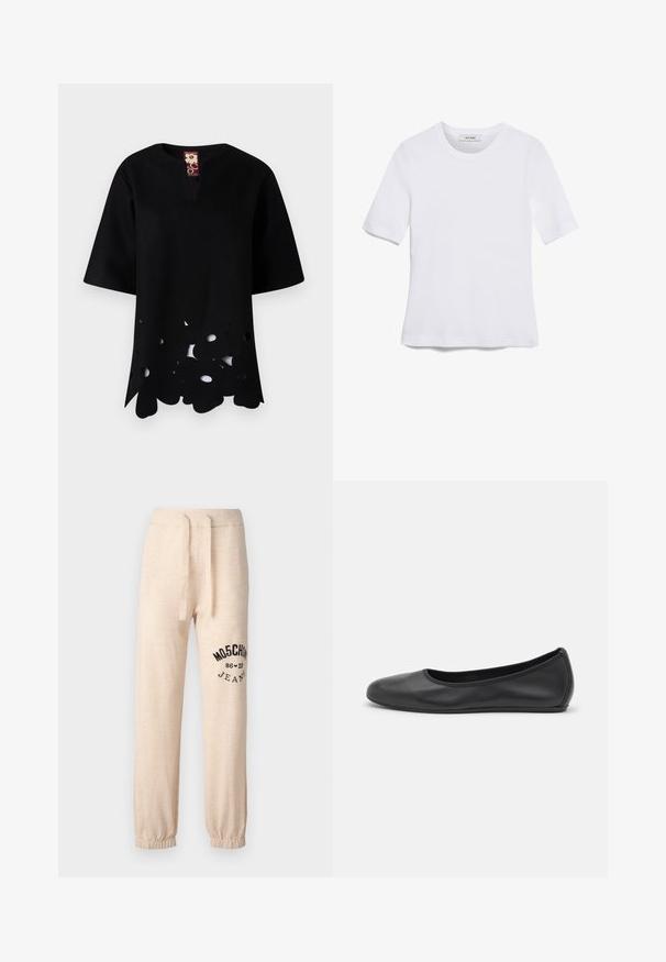 Crna majica s V-izrezom i kratkim rukavima. Ima jedinstveni izrezani cvjetni uzorak duž rubova, izrađena je od teksturirane tkanine.; Bijela majica s kratkim rukavima izrađena od rebraste tkanine. Okrugli izrez, klasičan kroj i suptilni detalji šivanja. Bez uzoraka ili grafika.; Bež trenirke s elastičnim manžetama i pojasom. Na lijevom bedrovu se nalazi crni ispisani logo "MOSCHINO 86 ❤ 23 JEANS". Mekana tekstura.; Crne kožne baletanke s zaobljenim vrhom, glatke teksture, minimalnim detaljima šavova i fleksibilnim dizajnom potplata.