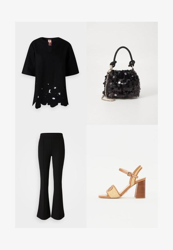Mustaga V-kaelusega must top lühikeste varrukatega. Üksikasjalik lillemuster lõikes, mis asub helmes, on valmistatud tekstuuriga kangast.; Mustad flared püksid, mis on valmistatud elastsetest materjalidest, millel on sile tekstuur. Ees on õmbluste detailid, mis lisavad disaini.; Pruun nahast ja kootud õlgedest kontsakingad, millel on pahkluu rihm, avatud varvas ja tumesinine puidust stiilis konts, millel on horisontaalsed triibud.; Must have mustrõngus mustal sädelev mini käekotil on sõlme tekstuuriga rihm ja hõbedane ketis. Ümar kuju, kokku kogutud ülaosa ja peegeldav detail.