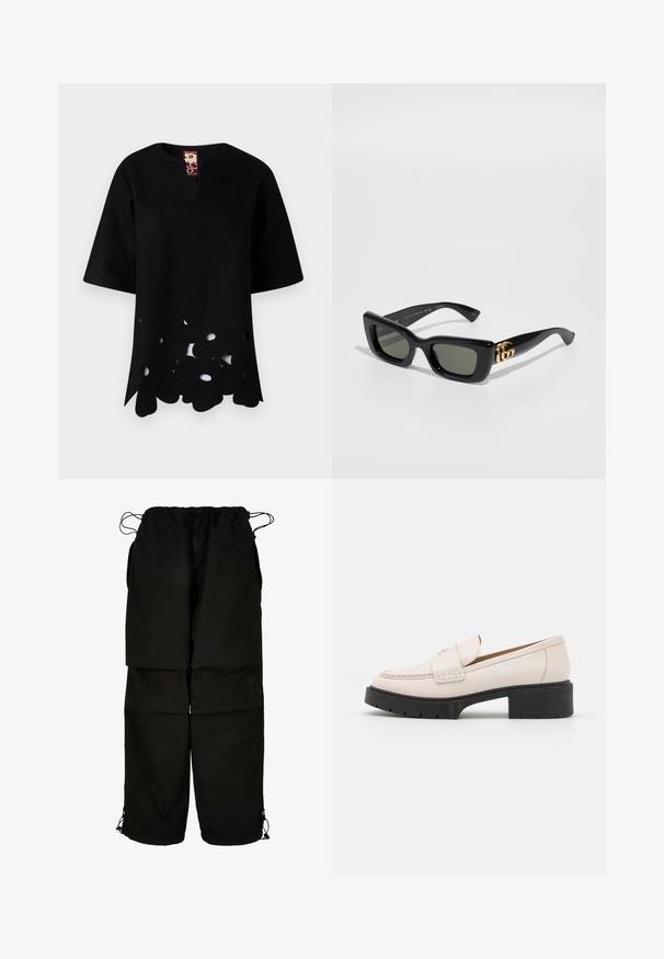 Svart topp med V-hals og korte ermer. Har et unikt utskjært blomstermønster langs kanten, laget av strukturert stoff.; Sorte bukser laget av lett stoff, med justerbar midje og snøring i jeanshemsene. Designet med en løs, oversized passform og flere lommer.; Lys beige lær loafers med en sydd front og en teksturert svart plattformhæl. Har et buet design og en lett heving.; Svarte rektangulære solbriller med mørkegrønne linser, og en glinsende gulllogo på siden. Glatt plastisk ramme med dristig design.