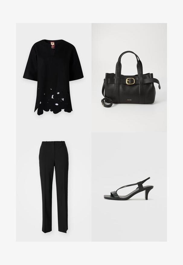 Svart topp med V-hals og korte ermer. Har et unikt utskjært blomstermønster langs kanten, laget av strukturert stoff.; Sorte skreddersydde bukser med rett silhuett, med en glatt tekstur og klare pressede bretter foran. Ingen synlig maskinvare.; Svarte hæl-sandaler med et slankt stroppedesign, firkantet tå og en mellomhøy blokkheel. Laget av glatt lær med en matt finish.; Svart lærveske med en strukturert design, doble topphåndtak, gullfarget spenneakent og preget merke-logo foran.