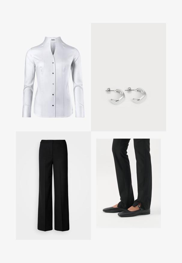 Witte lange mouwen blouse met een hoge kraag, getailleerd ontwerp, gladde textuur en zes zwarte knopen aan de voorkant.; Zwarte wijde broek van een gladde stof, met een hoge taille, nauwkeurig gestikte naden en een minimalistisch ontwerp. Geen zichtbare hardware of zakken.; Zwarte leren balletschoenen met een puntige neus, bandje met een zilveren gesp, gecombineerd met zwarte nauwsluitende broek met een zijsplit.; Zilveren creolen met een gladde, gepolijste afwerking. Ronde vorm met een licht gebogen ontwerp en versmolten randen. Met pin sluiting.