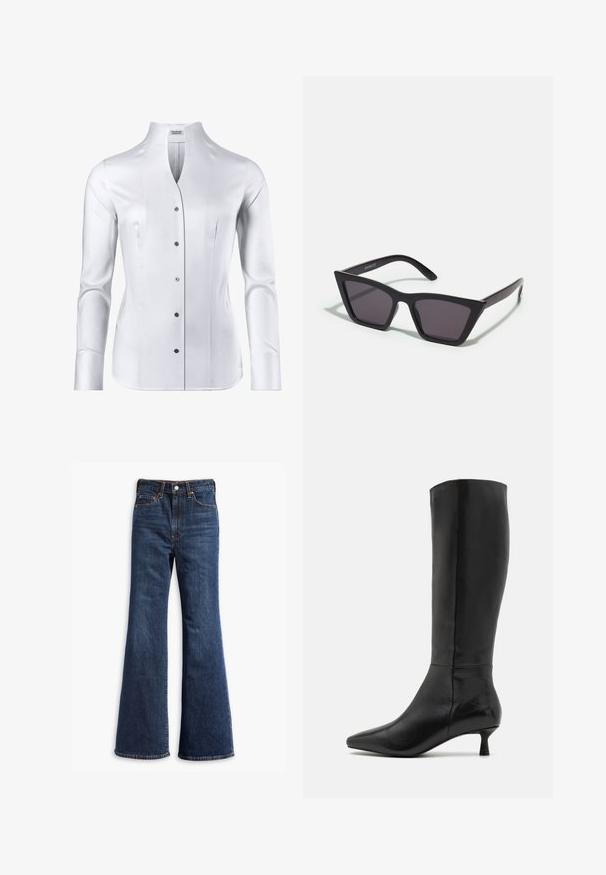 Camicia bianca a maniche lunghe con colletto alto, design aderente, texture liscia e sei bottoni neri sul davanti.; Jeans in denim blu scuro a vita alta con gamba a zampa d'elefante, chiusura frontale con bottone e zip, e design a cinque tasche.; Zign Stivali alti - black; Occhiali da sole neri e angolari con lenti grigie; realizzati in plastica, con aste spesse dalla superficie liscia e senza hardware visibile.