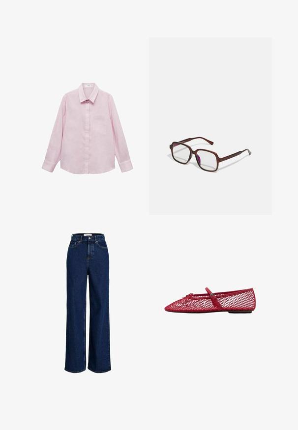 Mango LINO - Skjortebluser - purple; Højtaljede, mørkeblå denimjeans med bred ben, frontknap og fem-lomme design.; Røde mesh balletflade med spids tå, der har en tynd rem og spænde detalje. Overdelen har et åbent, honningkombinationsmønster.; Brune, rektangulære briller med gennemsigtige linser og lilla nuancer. Glat plastisk stel med lige tempelstænger og diskrete detaljer.