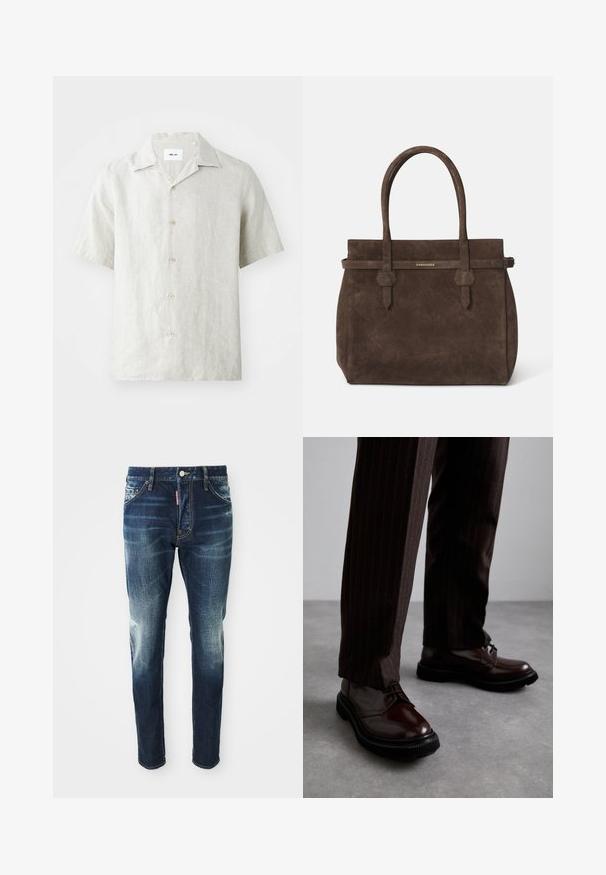 Korte mouwen, licht beige linnen overhemd met een kraag, vijf knopen aan de voorkant en een iets ontspannen pasvorm.; Witte katoenen mouwloze tanktop met een ronde halslijn, met een gladde textuur en een aansluitende pasvorm, ontworpen voor casual gebruik.; Donkerblauwe spijkerbroek met een slim fit, met vervaagde gebieden op de bovenbenen en knieën, vijf zakken en een metalen knoopsluiting.; Bruine leren veterschoenen met een glanzende afwerking, zwarte rubberen zool en subtiele stiksels. Draag ze met bruin gestreepte broek.; Donkerbruin suède tote bag met dubbele handvatten en een horizontale strap met een klein gouden DSQUARED2 logo plaatje.