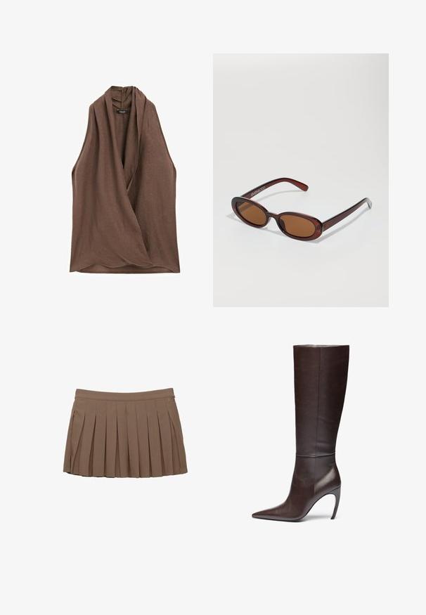 Massimo Dutti CROSSOVER HALTER NECK - Blouse - dark brown; Brown pleated mini skirt with a waistband and subtle side logo detail on a white background.; Brown leather knee-high boot with a pointed toe and stiletto heel, featuring a smooth texture and minimalistic design.; Round, brown-tinted sunglasses with a glossy burgundy frame. Slim arms with subtle branding detail. Flat lens design.; Brown woven leather handbag with a slouchy, triangular shape. Features a braided handle and a zipper closure along the top.