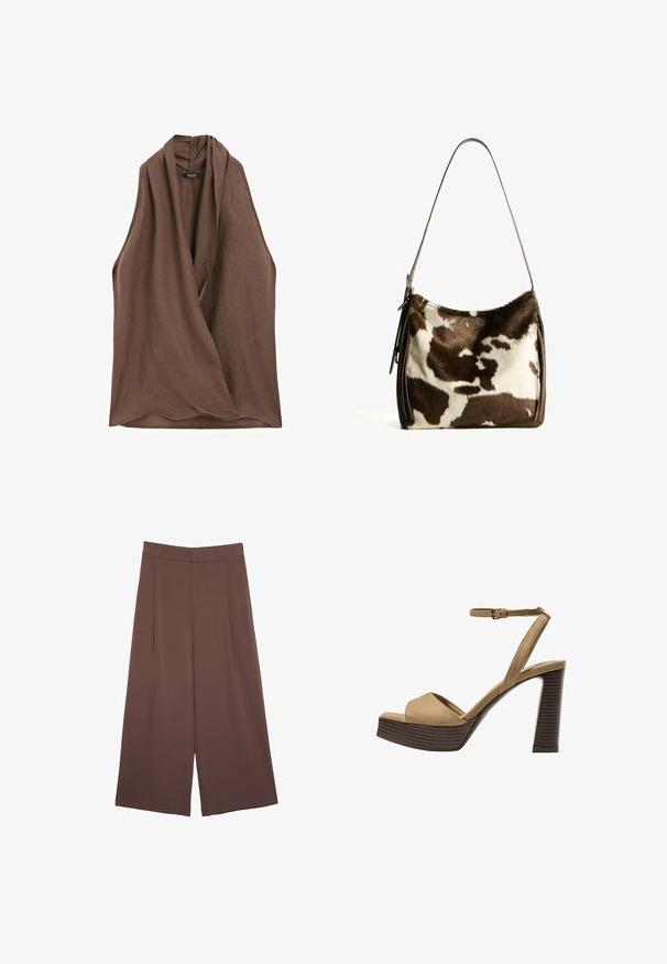 Massimo Dutti - Bluzka; Brązowe spodnie o szerokich nogawkach z gładką fakturą, z wysokim stanem i plisami z przodu. Materiał jest lekki i luźno opada.; Beżowe zamszowe sandały na wysokim obcasie z szerokim paskiem z przodu i paskiem za kostkę, z masywnym drewnianym obcasem o teksturowanym wykończeniu.; Torebka na ramię z brązowej i kremowej skóry bydlęcej, z gładkim skórzanym paskiem, zamknięciem na zamek oraz miękką, teksturowaną powierzchnią o naturalnym wzorze.