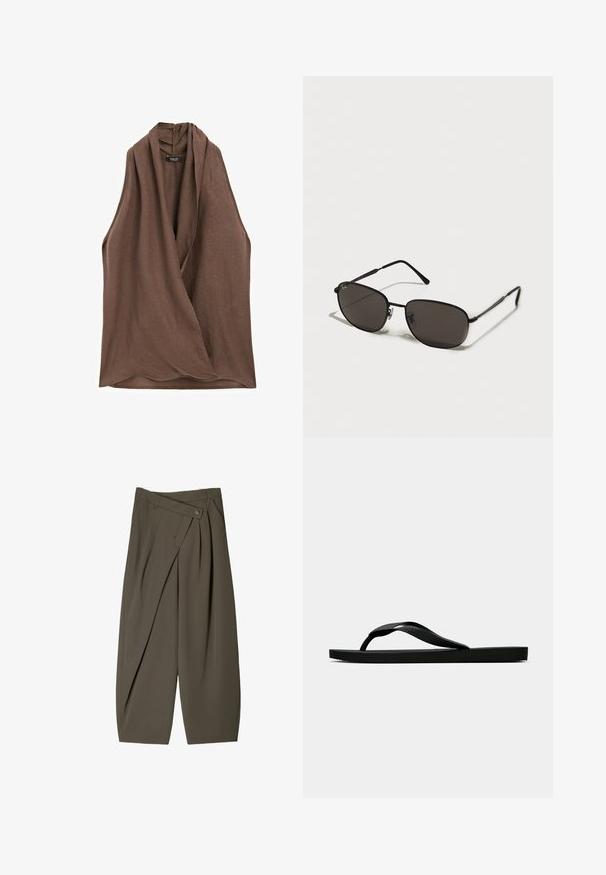 Massimo Dutti CROSSOVER HALTER NECK - Bluse - dark brown; Weite Hose aus dunkelolivgrünem Stoff mit einem gefältelten Vorderdesign, einem Knopfverschluss und einer glänzenden, strukturierten Oberfläche.; Schwarze Gummi-Flip-Flop-Sandale mit einem strukturierten Riemen und einfacher flacher Sohle, von der Seite auf einem schlichten hellen Hintergrund dargestellt.; Schwarze Metal-Sonnenbrille mit ovalen Rahmen, dunklen Gläsern, schlanken Bügeln und einem dezenten Logo auf dem linken Glas. Elegantes, minimalistisches Design.