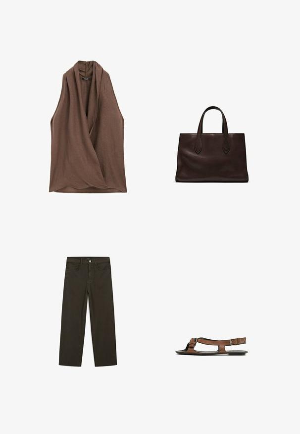 Massimo Dutti CROSSOVER HALTER NECK - Blouse - dark brown; Dark green wide-leg jeans made of cotton blend, featuring a front button closure, five pockets, and classic denim stitching.; Brown leather sandal with an open toe and side cutouts. Features an ankle strap with a metal buckle and a flat sole.; Brown leather tote bag with two elongated handles, structured rectangular shape, smooth texture, and subtle stitching details.
