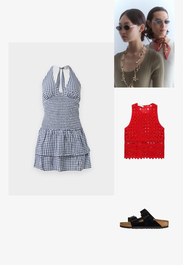 Débardeur en crochet rouge avec des motifs circulaires et festonnés complexes, un tissage ouvert et un col rond.; Robe d'été à imprimé vichy en bleu marine et blanc, avec un corsage ajusté, un col halter, un dos nu et un ourlet à volants en couches.; Sandales en cuir verni noir avec deux brides réglables, semelle en liège et semelle en caoutchouc, présentant une texture lisse et un design minimaliste.; Des lunettes de soleil rondes avec des verres foncés et des montures argentées fines. Une personne porte un collier en chaîne doré, tandis qu'une autre a un foulard à motifs rouges.; Sac à épaule bordeaux fabriqué en matériau brillant, avec une forme courbée et une texture froncée. Il possède une courte anse et une fermeture éclair visible.