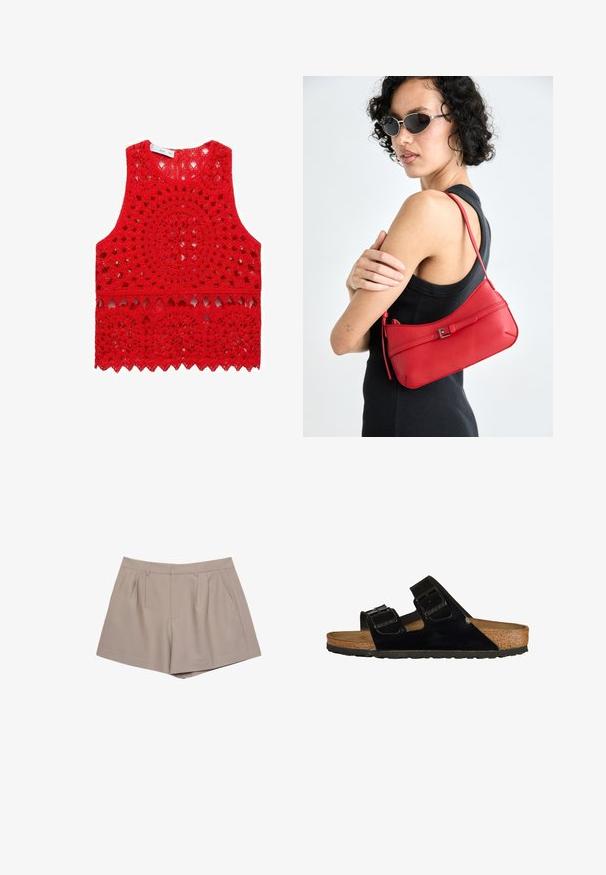 Rotes gehäkeltes Tanktop mit komplexen kreisförmigen und gewellten Mustern, offenem Gewebe und rundem Ausschnitt.; Beige taillierte Shorts mit hoher Taille, Gürtelschlaufen, vorderen Falten und seitlichen Taschen, auf einem weißen Hintergrund dargestellt.; Schwarze Lackledersandalen mit zwei verstellbaren Riemen, Korkfußbett und Gummisohle, die eine glatte Struktur und ein minimalistisches Design aufweisen.; Rote Ledertasche mit glatter Textur, geschwungenem Design und dekorativem Schnallenakzent. Verstellbarer Schulterriemen und Reißverschlussverschluss.