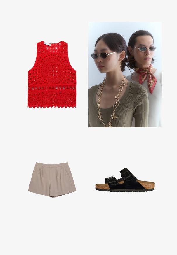 Rotes gehäkeltes Tanktop mit komplexen kreisförmigen und gewellten Mustern, offenem Gewebe und rundem Ausschnitt.; Beige taillierte Shorts mit hoher Taille, Gürtelschlaufen, vorderen Falten und seitlichen Taschen, auf einem weißen Hintergrund dargestellt.; Schwarze Lackledersandalen mit zwei verstellbaren Riemen, Korkfußbett und Gummisohle, die eine glatte Struktur und ein minimalistisches Design aufweisen.; Runde Sonnenbrillen mit dunklen Gläsern und dünnen silbernen Rahmen. Eine Person trägt eine goldene Kette, während eine andere einen rot gemusterten Schal hat.