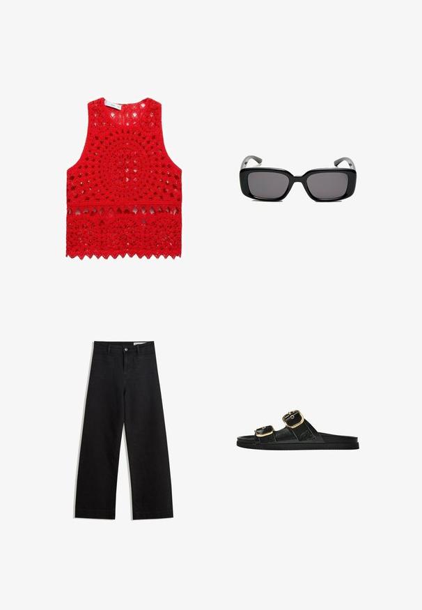 Red crochet tank top featuring intricate circular and scalloped patterns, with an open weave and a round neckline.; Black wide-leg denim pants with a high waist, featuring front and back pockets, stitched seams, and a button closure. Smooth texture.; Black slide sandal with two gold buckle accents, smooth textured material, flat sole, and a minimalist design.; Black rectangular sunglasses with dark lenses, smooth plastic frame, and curved temples. The design is chunky with a minimalist aesthetic.