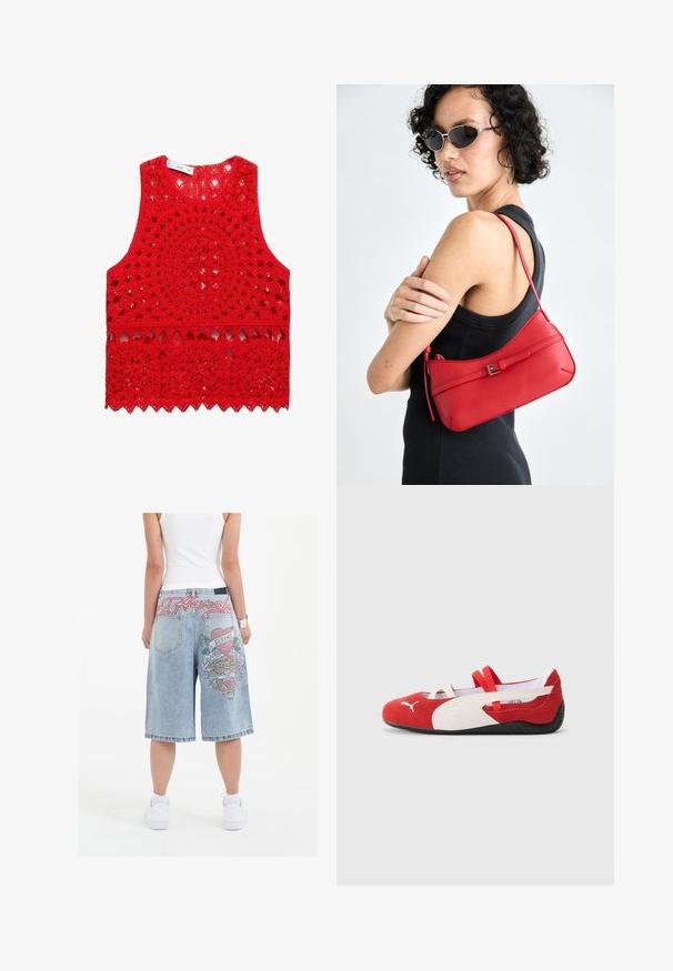 Rotes gehäkeltes Tanktop mit komplexen kreisförmigen und gewellten Mustern, offenem Gewebe und rundem Ausschnitt.; Hellblaue Jeansshorts mit lockerer Passform, ausgestattet mit bunten, gestickten Tiger-Prints und Text auf der Rückseite, abgeschlossen mit aufgerollten Säumen.; Rote und weiße Wildlederschuhe mit flachem Profil, ausgestattet mit elastischen Riemen und einer strukturierten schwarzen Gummisohle. Puma-Logo an der Seite.; Rote Ledertasche mit glatter Textur, geschwungenem Design und dekorativem Schnallenakzent. Verstellbarer Schulterriemen und Reißverschlussverschluss.