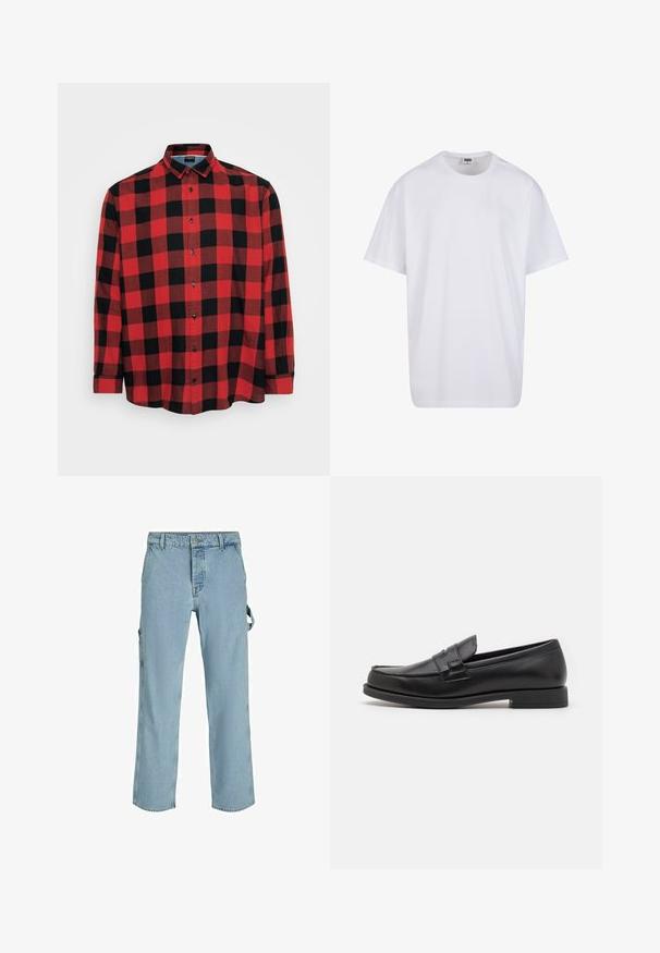 Rood en zwart geruiten overhemd met lange mouwen, van katoen, met een knoopsluiting en een zwarte kraag, voorzien van een groot geruit patroon en een afgeronde zoom.; Witte katoenen t-shirt met korte mouwen, ronde hals, relaxte pasvorm en zonder zichtbare logo's of patronen. Gladde textuur en minimalistisch ontwerp.; Lichtblauwe denim cargo pants met een ontspannen pasvorm, voorzien van zijbevestigingslussen en voorzakken, met een vervaagde textuur.; Zwarte leren instappers met een slank ontwerp, afgeronde neus, gestikte details en een lage blokhak. Gladde textuur en minimale accenten.