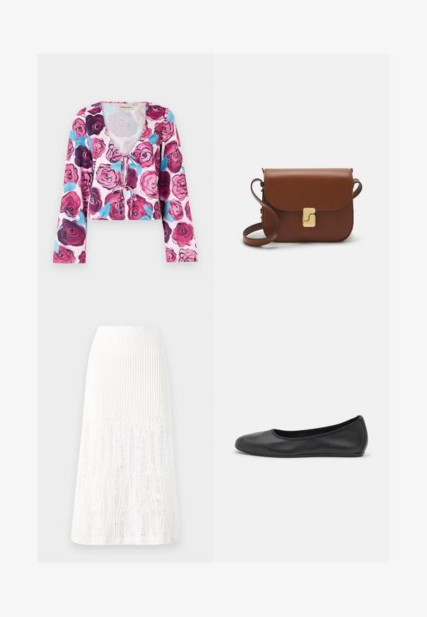 Floral cropped top featuring a pink background with vibrant rose patterns in shades of burgundy and blue, with long bell sleeves and a v-neckline.; Knit white midi skirt featuring a textured pattern with vertical lines and cut-out details near the hem. Elastic waistband. Soft material.; Black leather ballet flat with a rounded toe, smooth texture, minimal stitching detail, and a flexible sole design.; Brown leather handbag with a flap closure, gold-tone hardware, a shoulder strap, and a smooth texture. Compact rectangular shape.