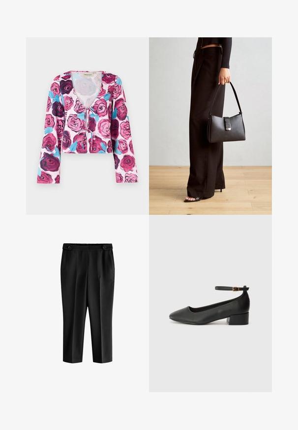 Virágmintás, cropped felső rózsaszín háttérrel, élénk burgundi és kék színű rózsák mintázatával, hosszú harangujjakkal és V-kivágással.; Fekete cropped nadrág laza szabással, gumis derékkal és két elülső zsebbel. Az anyag sima textúrájú, enyhén fényes felülettel.; Fekete bőr magassarkú cipő hegyes orral és alacsony tömb sarkal. Bokapánttal rendelkezik, aranyszínű csattal. Simább textúra.; Fekete kézi táska strukturált formával, sima textúrával és fémből készült záródással. Széles fekete nadrággal és nyitott orrú szandállal párosítva, fából készült padlón.