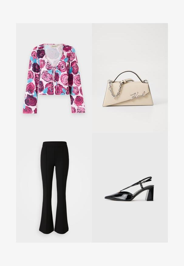 Blomstret kort top med en pink baggrund og livlige rosemønstre i nuancer af burgunder og blå, med lange klokkeærmer og en v-udskæring.; Sorte flared bukser lavet af et strækbart materiale med en glat tekstur, der har sømdetaljer langs forsiden for ekstra design.; Sorte laklæder slingback højhælede sko med spids tå, justerbar rem og chunky rektangulær hæl.; Beige læderhåndtaske med en struktureret, trekantet form, der har et sølvfarvet kædehåndtag og et kursivlogo i metal.