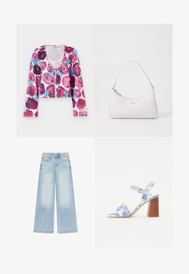 Bloemige cropped top met een roze achtergrond en levendige rozenpatronen in tinten van bordeauxrood en blauw, met lange klokmouwen en een v-hals.; Lichtblauwe denim jeans met wijde pijpen en een hoge taille. Voorzien van vijf zakken, gestikte details en een verweerde textuur.; Blauw bloemenpatroon sandaal met een vierkante neus, een brede band en een verstelbare enkelband, met een getextureerde houten blokhak.; Roze leren schoudertas met een gebogen ontwerp, ritsafsluiting en zilveren hardwareaccenten. Minimalistisch logo op de voorkant.