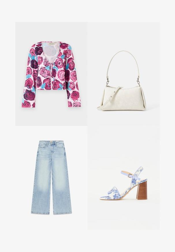 Bloemige cropped top met een roze achtergrond en levendige rozenpatronen in tinten van bordeauxrood en blauw, met lange klokmouwen en een v-hals.; Lichtblauwe denim jeans met wijde pijpen en een hoge taille. Voorzien van vijf zakken, gestikte details en een verweerde textuur.; Blauw bloemenpatroon sandaal met een vierkante neus, een brede band en een verstelbare enkelband, met een getextureerde houten blokhak.; Witte handtas met een gladde textuur, gebogen silhouet en verstelbare schouderriem. Voorzien van een subtiel logo-patroon en zilveren hardware-accenten.