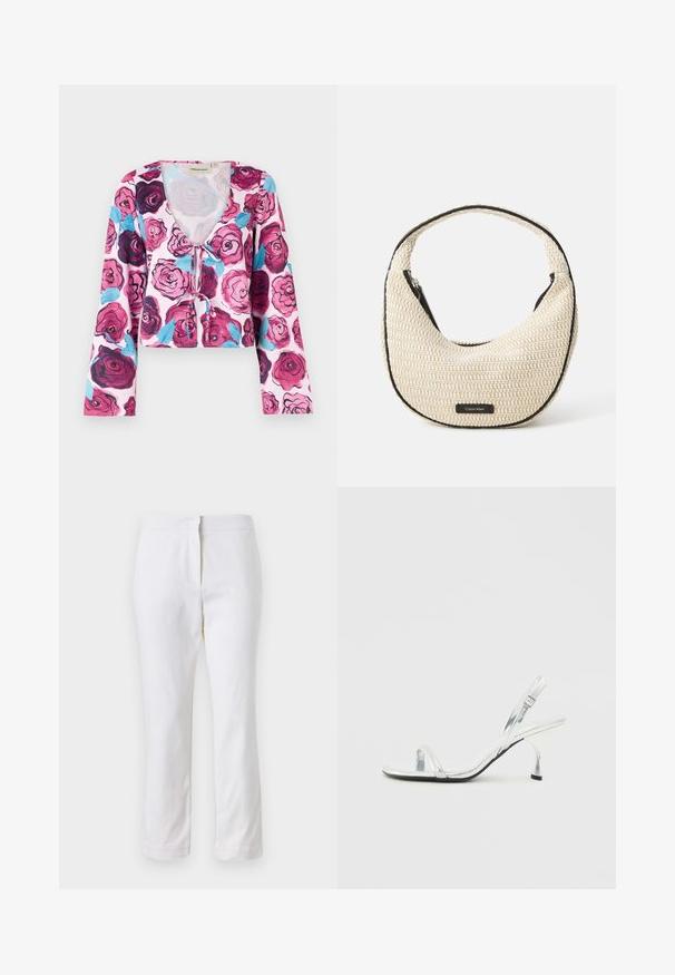 Top corto floreale con sfondo rosa e vivaci motivi di rose nei toni del bordeaux e del blu, con maniche a campana lunghe e scollatura a V.; Pantaloni bianchi in cotone con design a gamba dritta, caratterizzati da una vita a media altezza e senza hardware o motivi visibili. Tessuto liscio su tutta la superficie.; Sandal in vernice argentata con tacco alto, cinturino alla caviglia, una sottile fascia sulla punta e fibbia regolabile.; Borsa a spalla intrecciata beige con forma curva e bordi neri. Presenta una chiusura con zip superiore e una patch con il logo sul davanti.