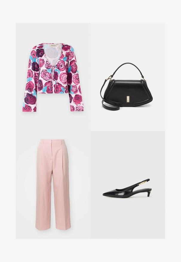 Blommig kort topp med en rosa bakgrund och livfulla rosormönster i burgundy och blått, med långa trumpetärmar och v-ringad hals.; Ljust rosa byxor med vida ben, hög midja, framfickor och sömdetaljer i fållen. Tillverkade av mjukt, lättviktsmaterial.; Svart läder slingback-hälar med spetsig tå, med en smal klack och en guldtonad detalj på den justerbara remmen. Slät textur.; Svart läderhandväska med en strukturerad design, som har en avskuren form, ett handtag upptill och guldiga detaljer. Justerbar axelrem ingår.