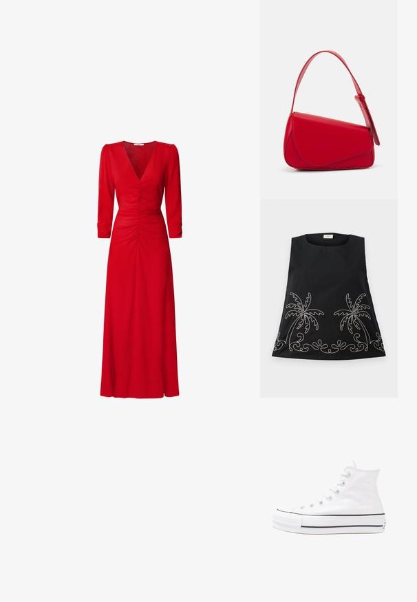 Top senza maniche di colore nero con scollo rotondo, caratterizzato da palme ricamate in bianco e motivi decorativi lungo l'orlo.; Vestito rosso con scollatura a V, maniche a tre quarti e dettagli arricciati in vita e sul retro. Il tessuto appare liscio e leggero.; Sneaker alta in tela bianca con suola in gomma nera, punta in gomma frontale e sei asole per i lacci, caratterizzata da un design pulito e minimalista.; Borsa a tracolla in pelle rossa con un design angolare e geometrico. Presenta una singola tracolla regolabile e una chiusura a patta con dettagli cuciti.