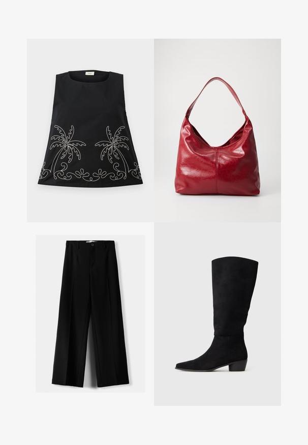 Top senza maniche di colore nero con scollo rotondo, caratterizzato da palme ricamate in bianco e motivi decorativi lungo l'orlo.; Pantaloni neri a gamba larga realizzati in tessuto leggero, caratterizzati da una chiusura frontale con bottone e frontale piatto, con orli cuciti con precisione.; Stivale nero in suede alto fino al ginocchio con tacco basso e punta affusolata, presentato in vista laterale su uno sfondo grigio chiaro uniforme.; Borsa hobo in pelle rossa con una superficie morbida e strutturata, una sola tracolla e una forma arrotondata e morbida.