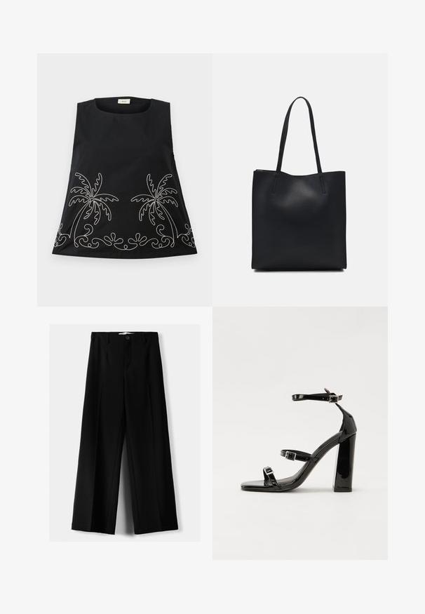 Fekete ujjatlan felső, kerek nyakkivágással, fehér hímzett pálmafákkal és díszes hullámokkal az alján.; Fekete, bő szárú nadrág, könnyű anyagból, elöl gombos záródással és sima elfröccsenésű fazonnal, szépen varrott szegélyekkel.; Fekete lakk magas sarkú szandál négyzet alakú orral, bokapántokkal és ezüst csatokat tartalmaz. Masszív blokk sarka a stabilitásért felel.; Fekete bőrtáska sima felszínnel, téglalap alakú, két hosszú füllel. Nincs látható fémkiegészítő vagy díszítés.