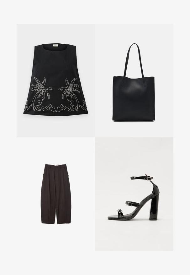 Črna brezrokavnik s krožnim izrezom, ki ima bele vezenine palm in dekorativne spirale ob robu.; Črne široke hlače iz gladkega materiala, z visokim pasom, zgornjimi pregibi in stranskimi žepi. Preprost dizajn brez okrasnih elementov.; Črne lakaste sandale z visokimi petami, z dvema trakovoma z zaponkama, kvadratnim sprednjim delom in masivno širšo peto, z gladko, sijočo teksturo.; Črna usnjena torba s svilnato teksturo, pravokotne oblike in dvema dolgima ročajema. Brez vidnih metalnih delov ali okrasnih elementov.