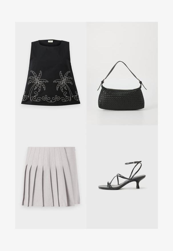 Musthave muströidatud must ilma varrukateta topp, ümmarguse kaelusega, millel on valged tikitud palmipuud ja dekoratiivsed keerised äärel.; Hallgray plekilise seelik sujuva tekstuuriga, millel on mitu vertikaalset voldikest ja sobiv talje. Valmistatud kerge kangaga.; Mustad mustad sandaalid õhukeste rihmadega, avatud varba kujundusega ja väikese rippuva kontsaga. Materjal näeb välja siledana ja läikivana.; Must mustriga õlakott sujuvate nahkliistude ja tõmblukuga. Omab tekstuurset pinda ja kaarjat kuju.