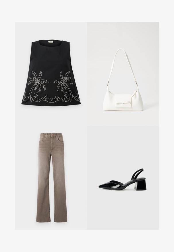 Svart ermeløs topp med rund hals, dekorert med broderte hvite palmer og dekorative svanker langs kanten.; Brune høy midje rette jeans med frontknapp, beltesløyfer og klassisk fem-lomme design på hvit bakgrunn.; Svarte patentlær slingback hæler med spiss tå og geometrisk blokk hæl. Har et stilrent, minimalistisk design og jevn tekstur.; Hvit syntetisk håndveske med trekantet form, flat klaff foran og sløyfe detaljer, justerbar stropp, glatt tekstur og minimalistisk design.