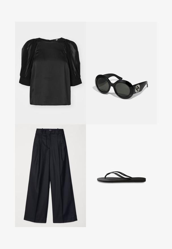 Blusa nera con maniche corte a sbuffo in chiffon e scollatura rotonda. Realizzata in tessuto liscio e lucido con chiusura a zip sul retro.; Pantaloni neri a gamba larga realizzati in un tessuto morbido, con vita alta, pieghe e un design sartoriale. Finiture semplici in nero in vita.; Infradito neri con suola in gomma testurizzata, due cinghie sottili e un sottile dettaglio del logo impresso sulla cinghia.; Occhiali da sole neri oversize con una finitura liscia e lucida, dotati di lenti verdi e un logo interlocking argentato sul lato.