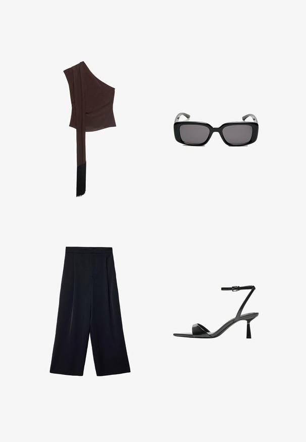 Asymetrický hnedý top z hladkej látky, s jedným ramienkom, s dlhým rukávom s drapériou a detailom s strapcami na leme.; Široké čierne nohavice vyrobené z ľahkého materiálu. Majú skladaný predok, vysoký pás a voľný strih okolo nôh.; Bershka Sandále na vysokom opätku - black; Čierne obdĺžnikové slnečné okuliare s tmavými sklami, hladkým plastovým rámom a zakrivenými stranami. Dizajn je robustný s minimalistickou estetikou.; Béžová kožená kabelka s unikátnym tvarom, vybavená dvoma krátkymi uchami a jedným dlhým nastaviteľným popruhom. Hladký povrch s minimálnym kovovým príslušenstvom.