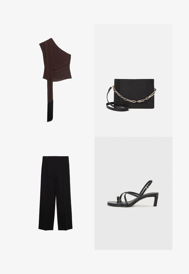 Asymmetrisk brun top i glat stof med én skulder, en draperet langærmet sleeve og en frynset kantdetalje.; Sorte brede bukser med en glat stof, der har folder foran og sidelommer, designet med en lige, afslappet pasform.; Sort remsandale med firkantet tå og en lav blokeret hæl. Har flere tynde stropper og en justerbar ankelrem. Fremstillet af glat læder.; Sort læder crossbody taske med en glat tekstur, rektangulær form og en metallisk kæde detalje foran. Justerbar skulderrem inkluderet.