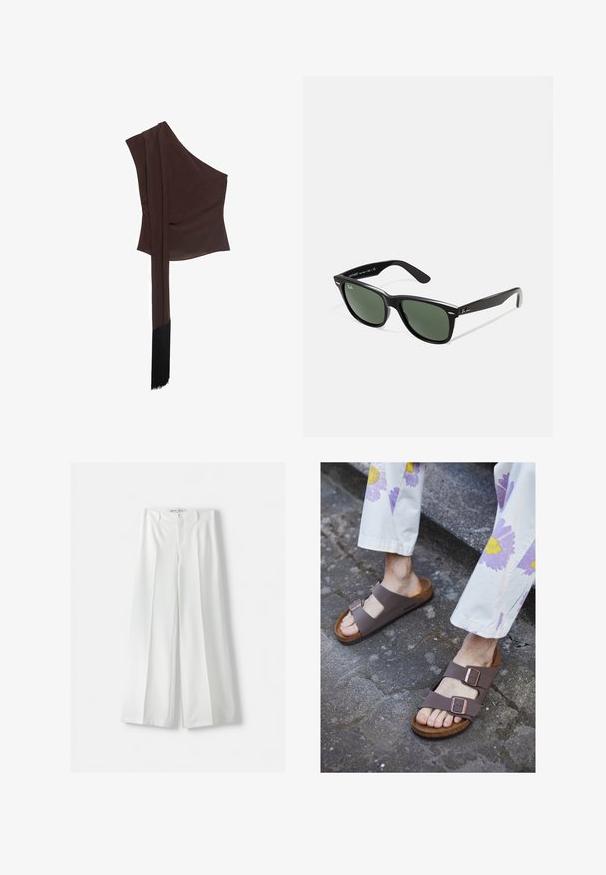 Asymmetrisches braunes Oberteil aus glatter Stoffqualität, mit einem Schulterträger, einem drapierten langen Ärmel und einem Fransensaum.; Bershka WIDE-LEG TAILORED - Stoffhose - white; Braune flache Sandalen mit zwei breiten Riemen und Metall-Schnallen; Korksohle; strukturierter Fußbett; getragen mit hellen, Blumendruck-Hosen.; Schwarze Plastiksonnenbrille mit grünen Gläsern, quadratischen Rahmen, silbernem Akzent auf der Augenbraue und strukturierten Bügeln. Angegebene Marke auf dem inneren Bügel.; Metallisch goldene Clutch mit einer glatten, abgerundeten Form, ausgestattet mit einem oberen Druckknopfverschluss und einem kleinen Kettenriemen zum Tragen.