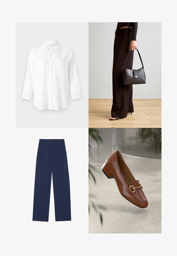 Bela lanena srajca s ovratnikom, dolgimi rokavi in dvema sprednjima žepoma. Ima zaponko na gumb in sproščen, rahlo ukrivljen spodnji rob.; Mornarsko modri široki hlače iz mehkega materiala, ki imajo sprednje drapiranje, gladko teksturo in ravno silhueto brez vidnih žepov.; Rjavi lakirani loafer z kvadratnim nosom, kovinsko verigo kot okrasom in nizko blok podplatom; gladka tekstura, minimalističen dizajn.; Črna torbica z strukturirano obliko, gladko teksturo in kovinskim zaponko. Ujemajo se z širokimi črnimi hlačami in odprtimi sandali na lesenem tleh.