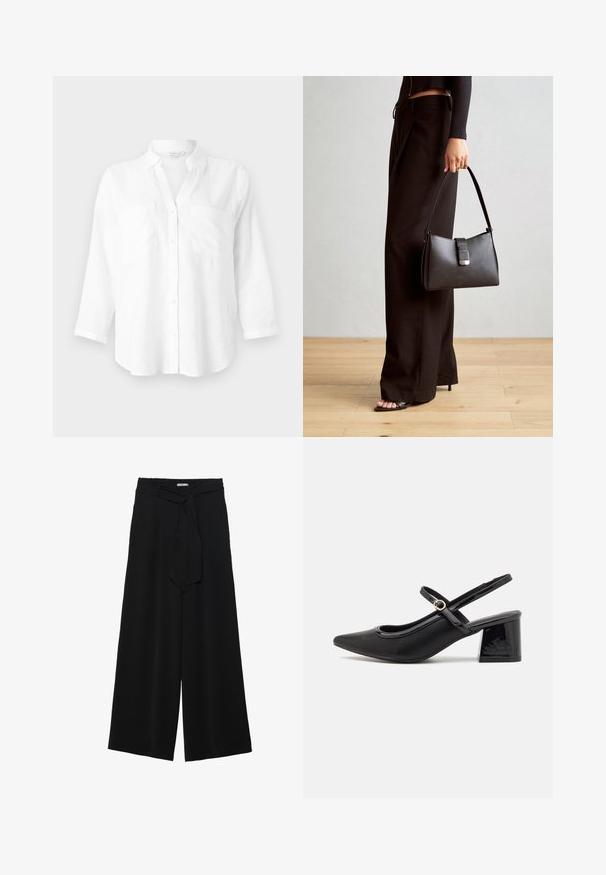 Valge linane särk koos kraega, pikkade varrukatega ning kahe eesmise taskuga. Omab nööpide sulgemist ja lõdva, kergelt kaarduva alumise serva.; Mustad laiad püksid, millel on tekstureeritud kangas, elastne vöökoht ja eemaldatav pael vööst, et reguleerida sobivust.; Mustad läikivad nahast slingback-kõrged kontsad, millel on terav nina, ümar lõikekujundus ja blokknina. Omab kuldset nupu aktsenti.; Must musta kott, millel on struktureeritud kuju, sile tekstuur ja metallist klamber. Kombineeritud laiate mustade pükstega ja avatud varvaste sandaalidega puidust põrandal.