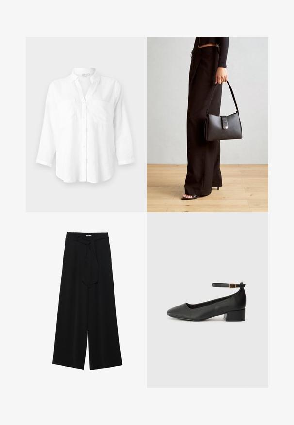 Chemise en lin blanc avec col, manches longues et deux poches avant. Dotée d'une fermeture à boutons et d'un ourlet inférieur détendu, légèrement courbé.; Pantalons larges noirs en tissu texturé, avec une taille élastique et une ceinture à nouer amovible à la taille pour un ajustement variable.; Escarpin en cuir noir avec un bout pointu et un petit talon bloc. Doté d'une bride de cheville avec une boucle dorée. Texture lisse.; Sac à main noir à la forme structurée, texture lisse et fermoir métallique. Associé à un pantalon noir ample et des sandales ouvertes sur un sol en bois.