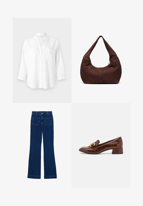 White linen shirt with a collar, long sleeves, and two front pockets. Features button closure and a relaxed, slightly curved bottom hem.; Denim flared jeans in dark blue with a smooth texture, five-pocket design, and a button closure at the waist.; Brown leather loafers with a glossy finish, featuring a decorative gold buckle on the front and a low block heel. Classic design.; Brown suede hobo bag with a curved, wide handle and a large opening. Soft texture with visible stitching detailing along the edges.