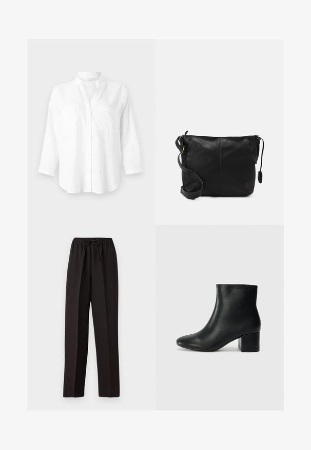 Biała lniana koszula z kołnierzykiem, długimi rękawami i dwiema przednimi kieszeniami. Posiada zapięcie na guziki oraz luźny, lekko zaokrąglony dół.; Czarne szerokie spodnie z elastycznym pasem i regulowanym sznurkiem. Wykonane z gładkiego, lekkiego materiału bez widocznych wzorów.; Czarne skórzane botki za kostkę z ostrym noskiem i masywnym obcasem. Gładka tekstura z minimalnymi akcentami i elegancki, dopasowany fason.; Czarna skórzana torba na ramię o płaskim kształcie, z złotymi akcentami i regulowanym paskiem. Gładka tekstura z minimalnymi detalami przeszycia.